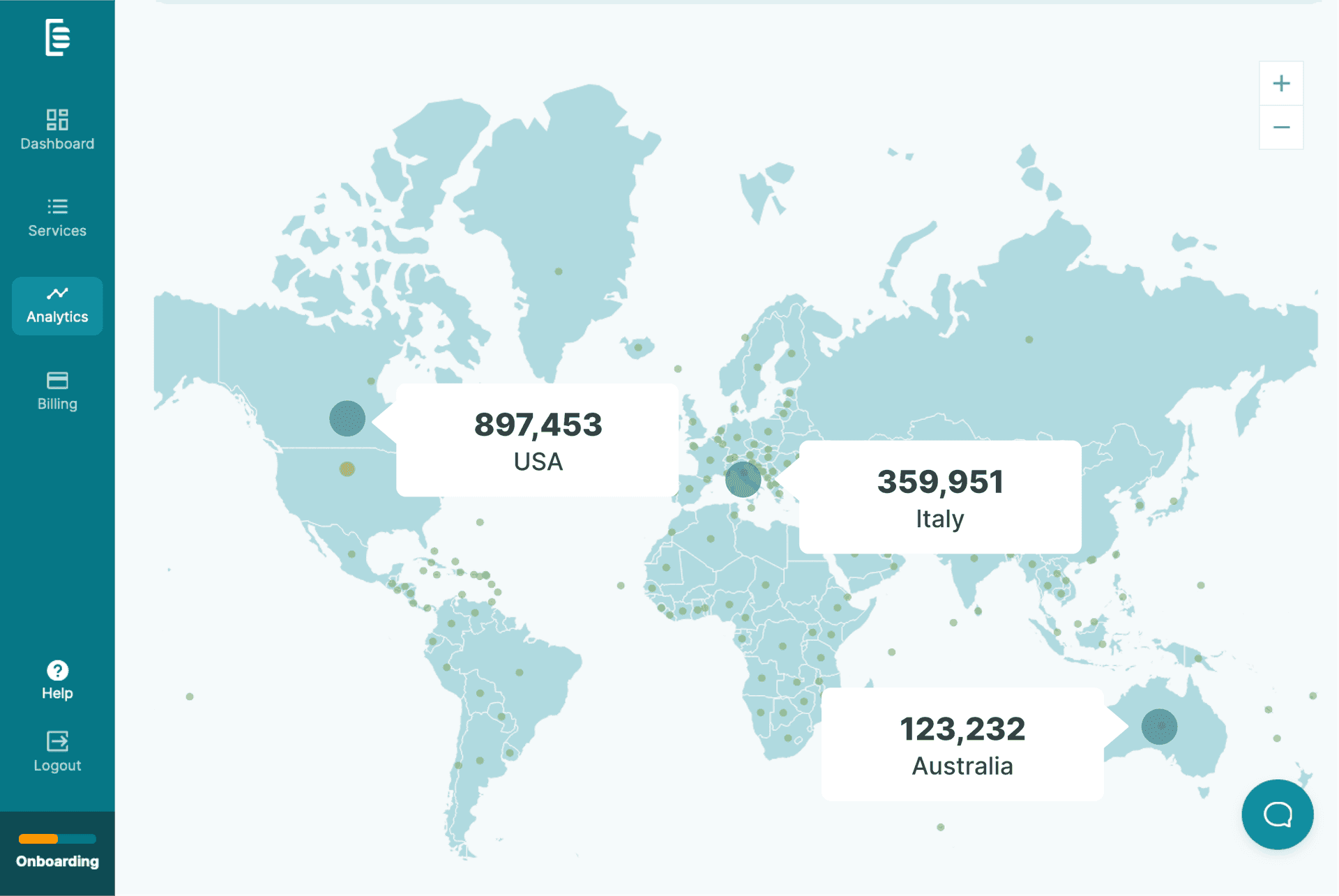 Digital publishing analytics map: USA 897,453, Italy 359,951, Australia 123,232